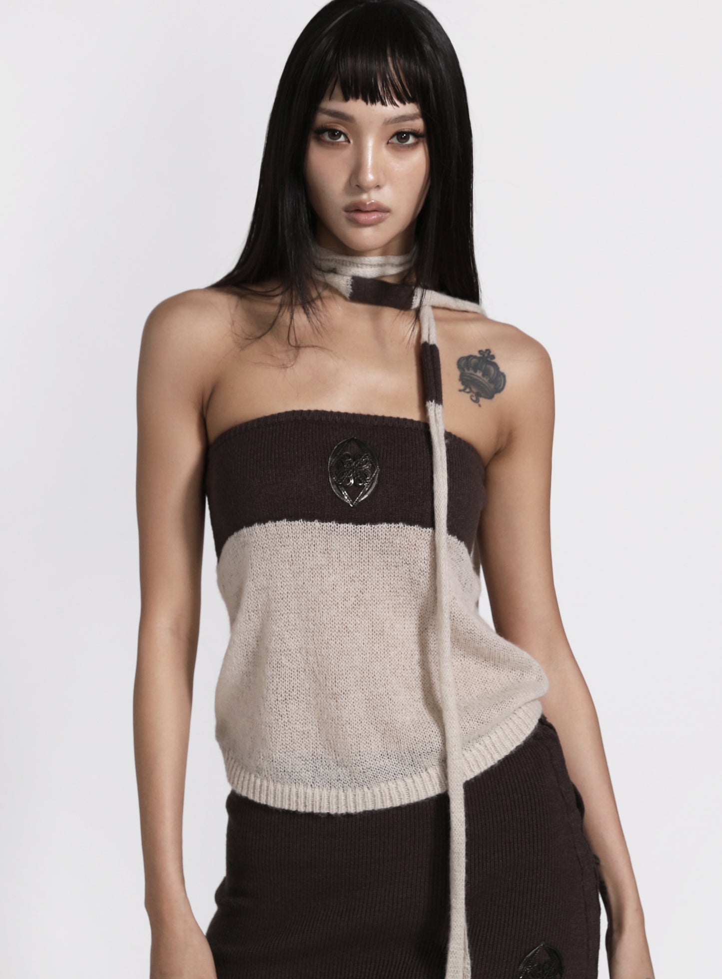 Kiddo Knit Tube Top & Scarf - Cream/Brown
