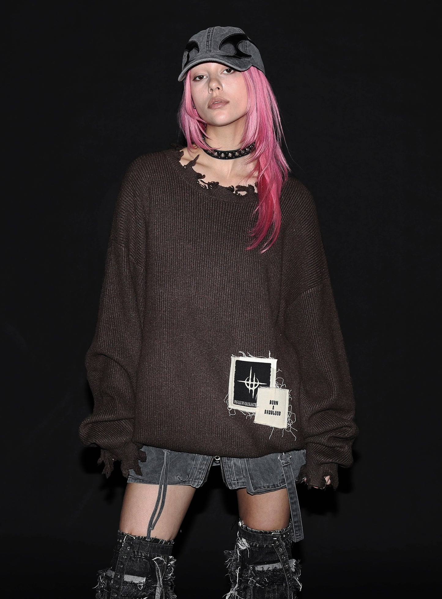 Destroyed Long Sleeve Sweater - Espresso