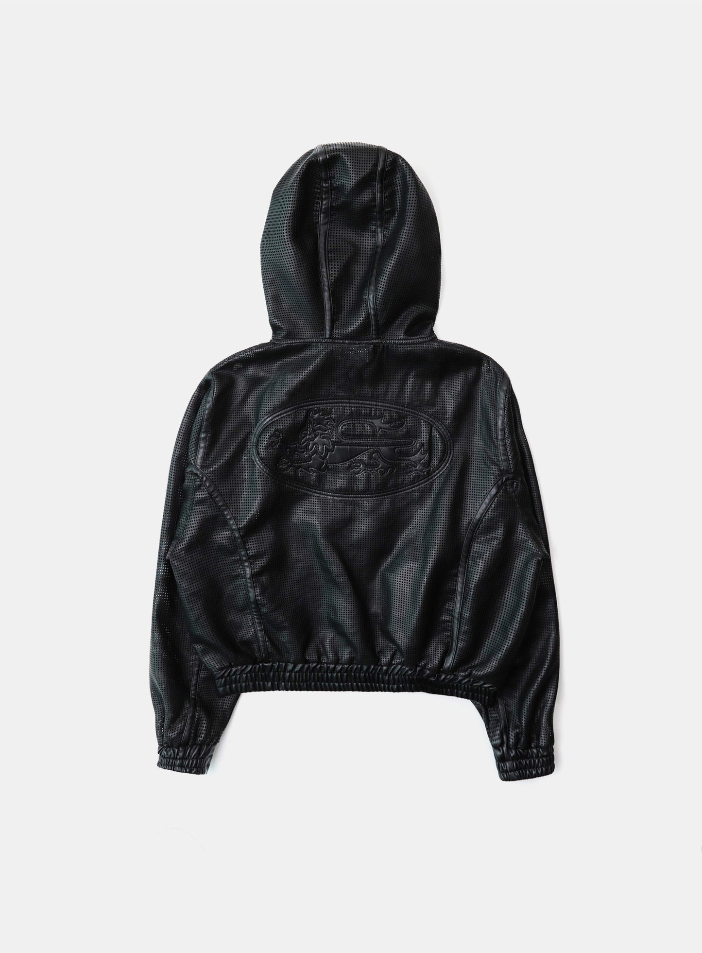 Perforated Leather Hooded Zip-Up - Black