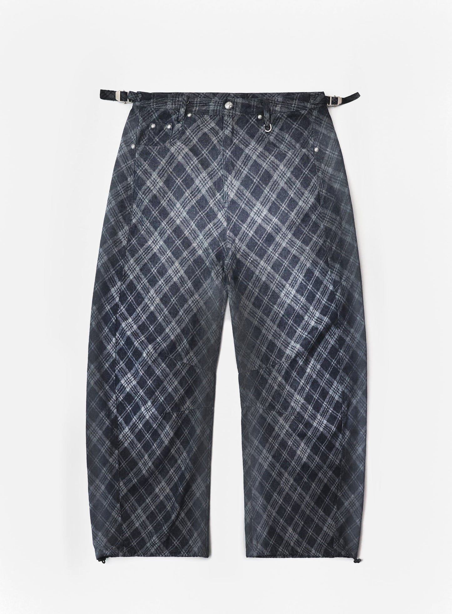Lion Patch Washed Barrel Pants - Blue Denim Check