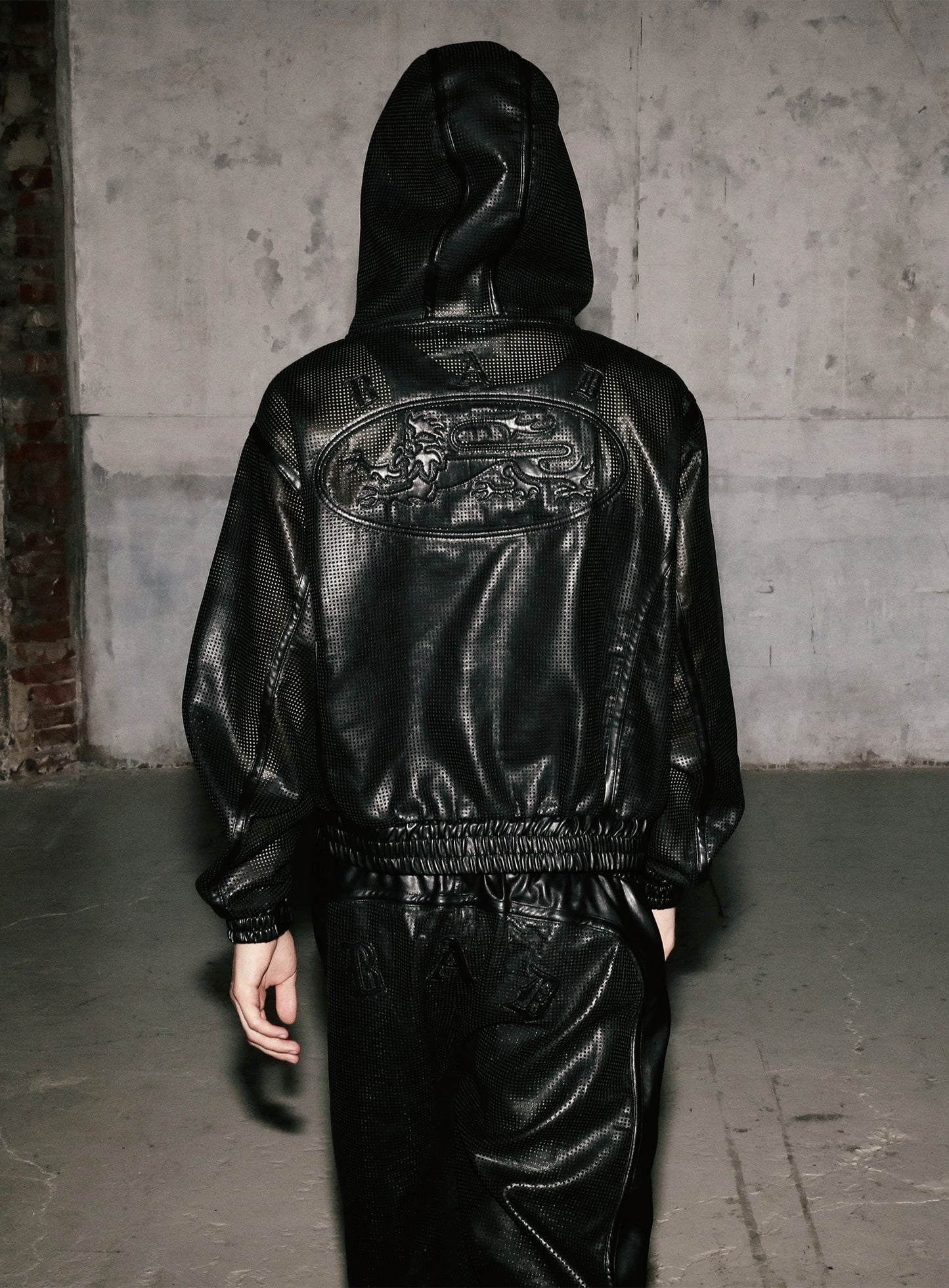 Perforated Leather Hooded Zip-Up - Black