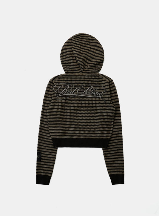 Striped Crochet Knit Hoodie - Khaki/Brown