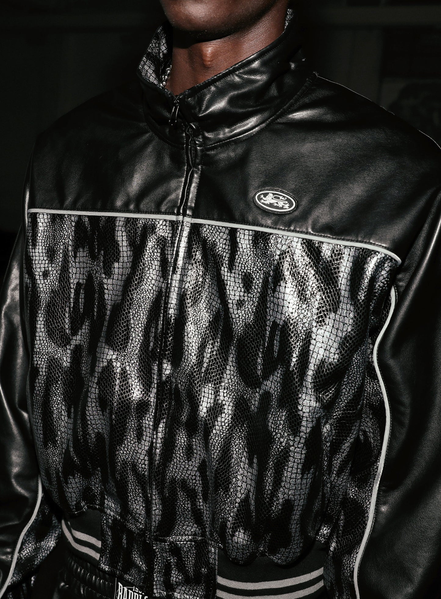 Contrast Leather Track Jacket - Black Python