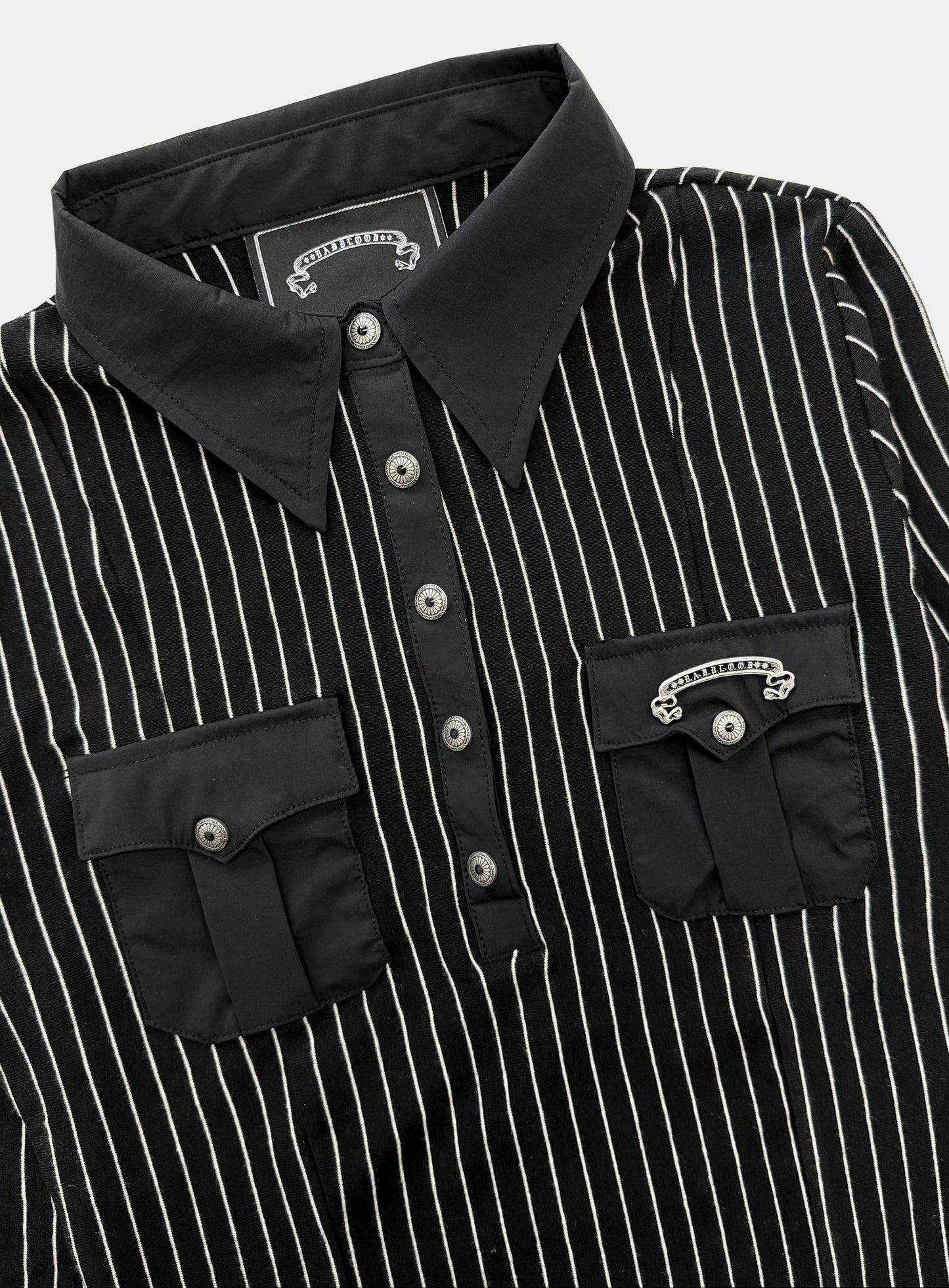 [w-tee26-108] Vintage Jersey Polo 3/4 Sleeve Shirt - Black Stripe