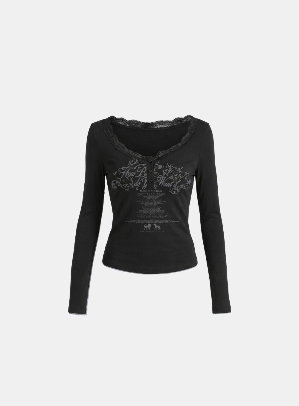 [w-tee26-167] DO YOU WANT IT Lace Henley Long Sleeve - Black