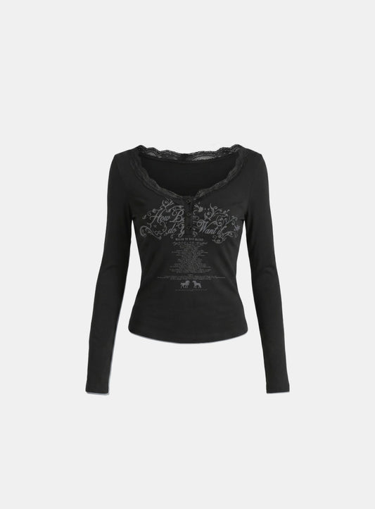[w-tee26-167] DO YOU WANT IT Lace Henley Long Sleeve - Black