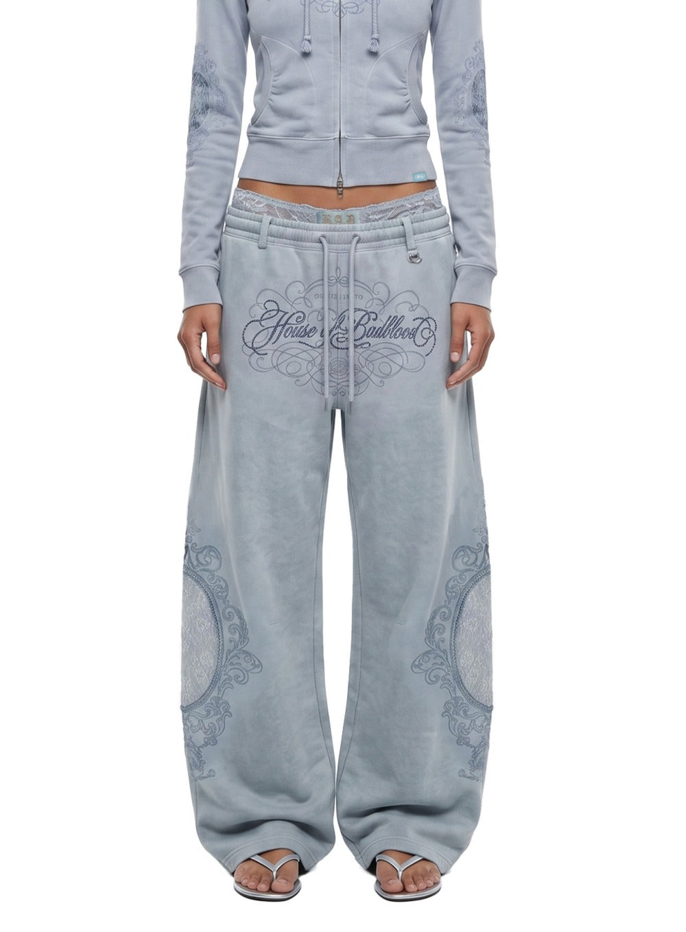 [w-pts26-126] H.B.B. Royal Lace Rhinestone Lightweight Jogger Pants - Blue