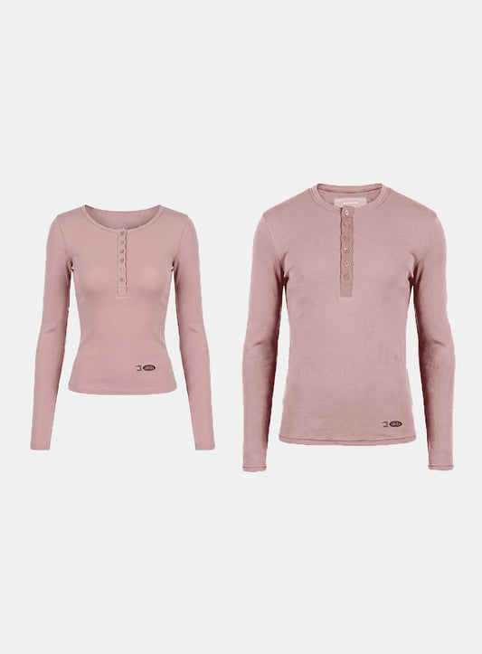 [w-tee26-038] BS Cotton Jersey Fitted Henley Neck Long Sleeve T-Shirt - Pink