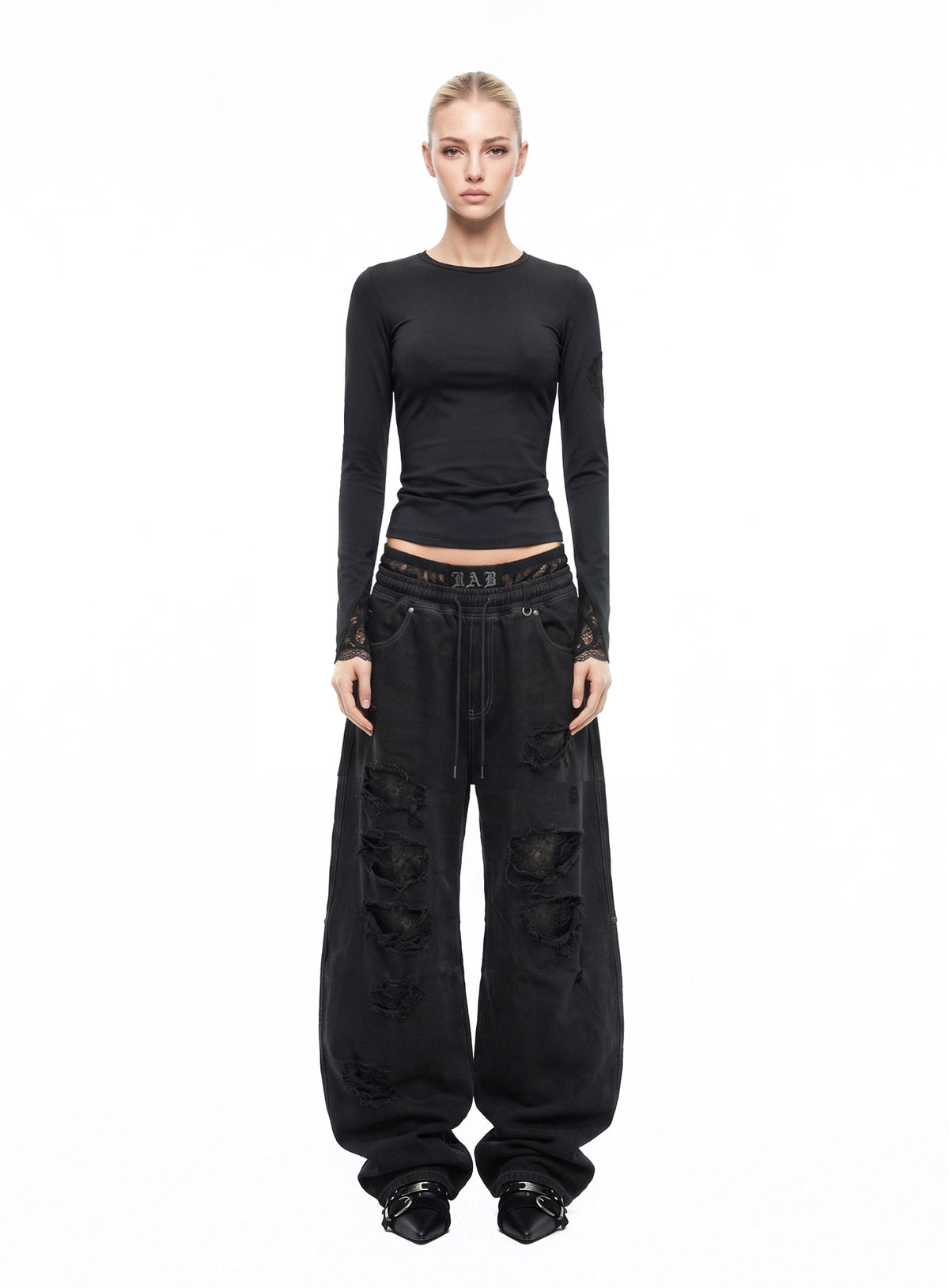 [w-tee26-294] H.B.B. Lace Back Point Crew Neck Long Sleeve - Black