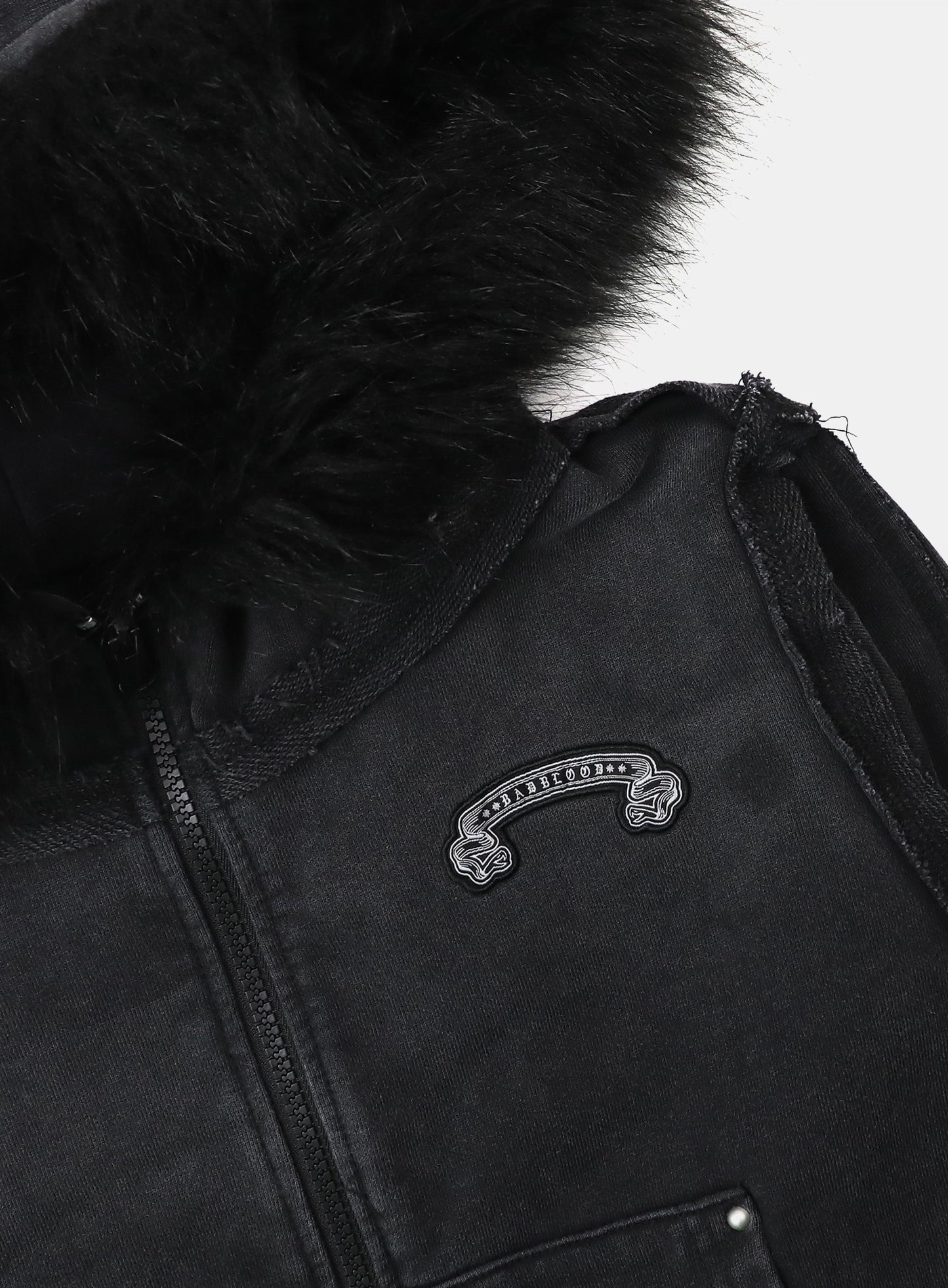 [w-hde25-080] Low Edge Detachable Fur Hooded Zip-Up Slim Fit - Washed Black