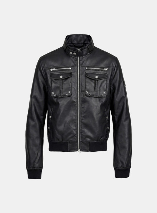 [w-jkt25-073] Daytona High-Neck Bomber Jacket - Black Leather