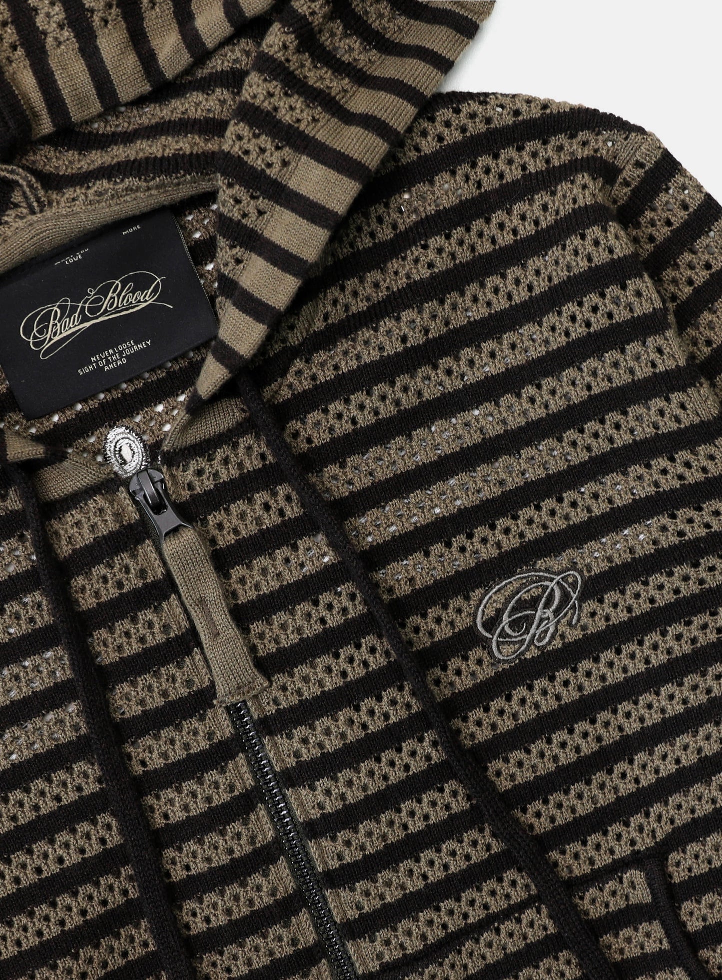 Striped Crochet Knit Hoodie - Khaki/Brown