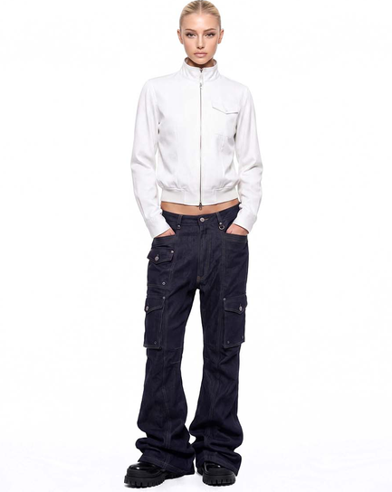 [w-pts26-121] Delta Low Crotch Bootcut Cargo Pants - Blue Denim