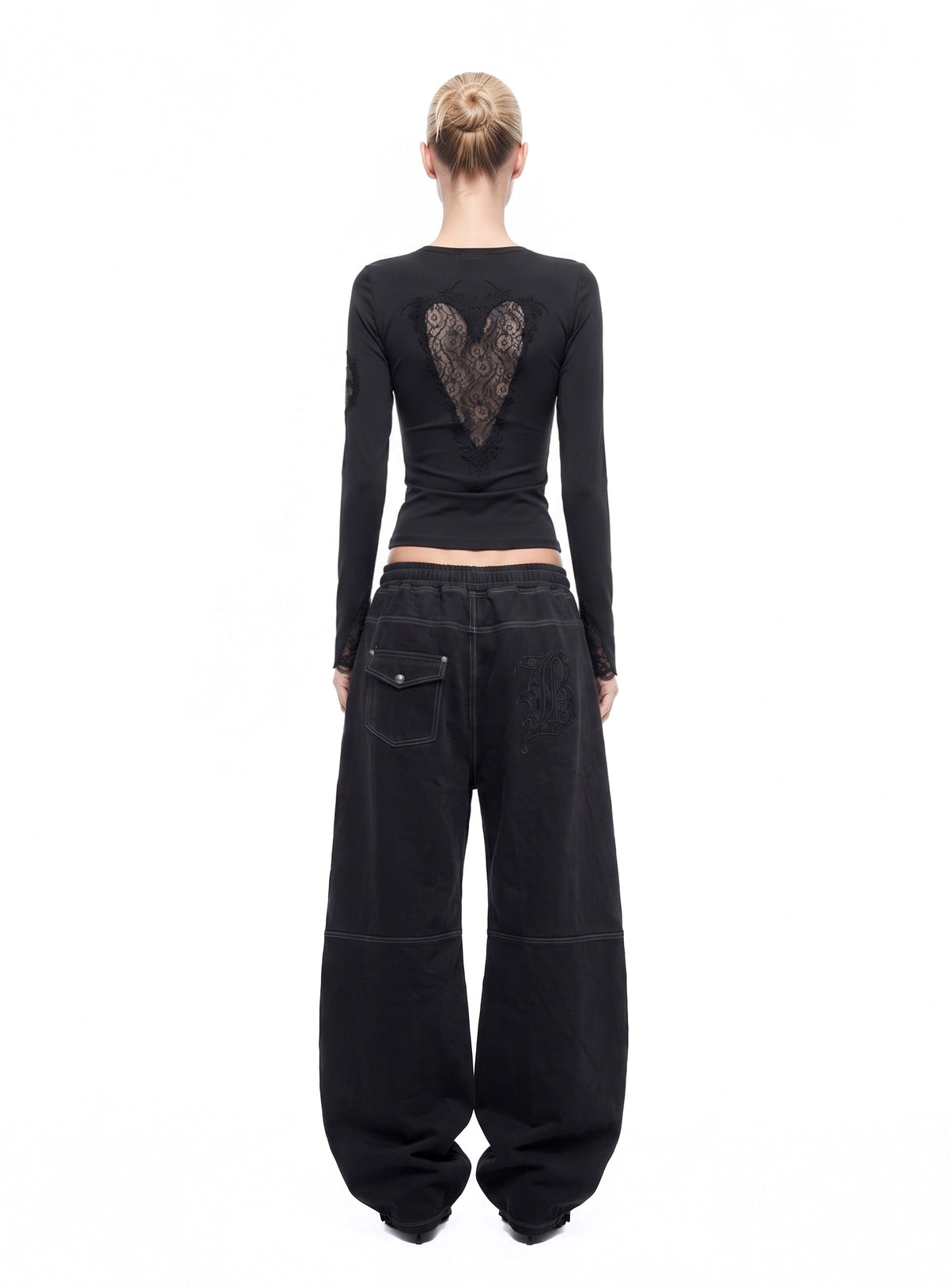 [w-tee26-294] H.B.B. Lace Back Point Crew Neck Long Sleeve - Black