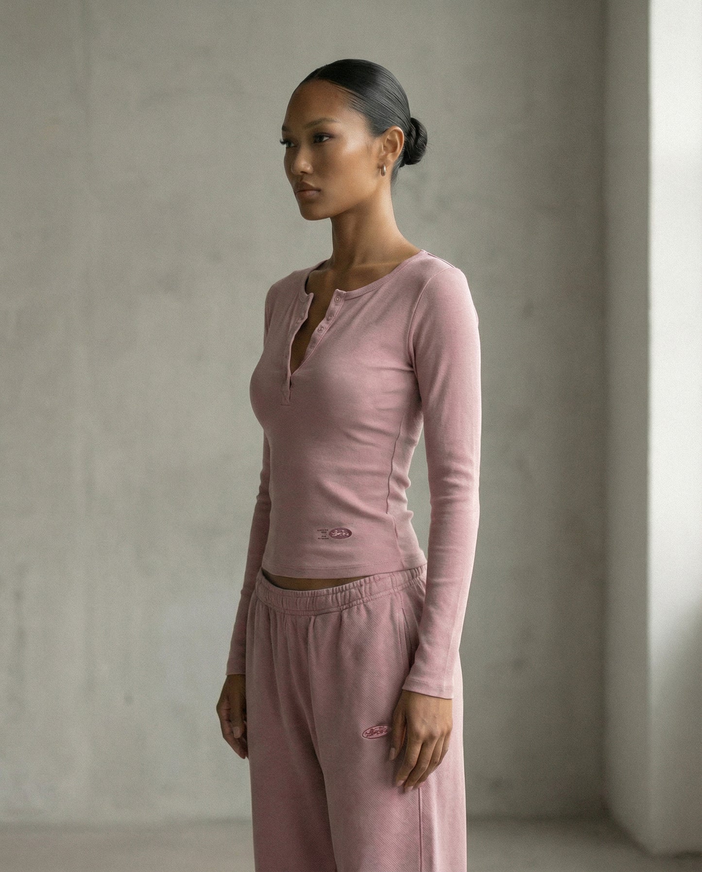 [w-tee26-038] BS Cotton Jersey Fitted Henley Neck Long Sleeve T-Shirt - Pink
