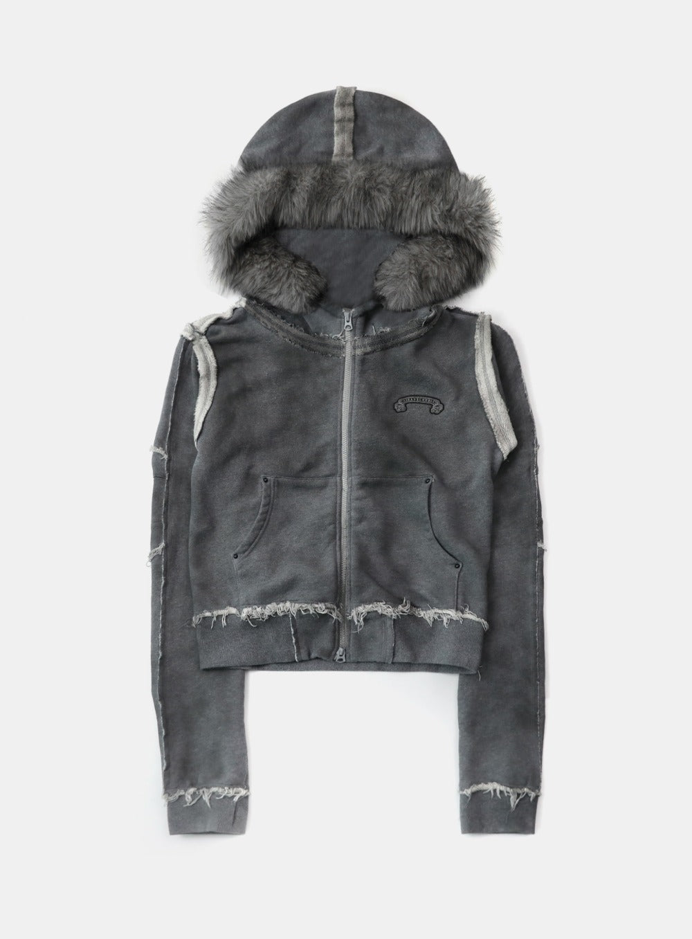 [w-hde25-079] Low Edge Detachable Fur Hooded Zip-Up Slim Fit - Washed Gray
