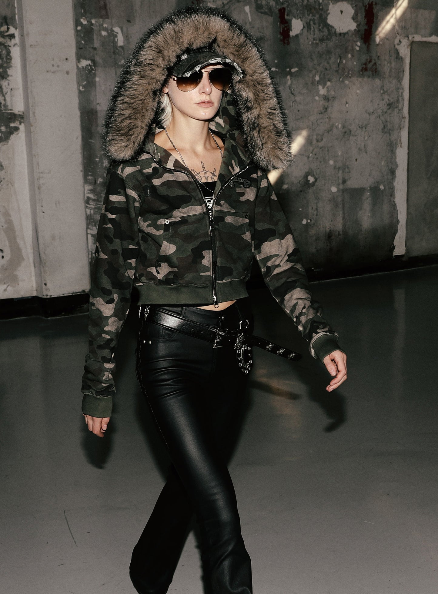 Cosmo11 Detachable Fur Hooded Zip-Up - Green Camo