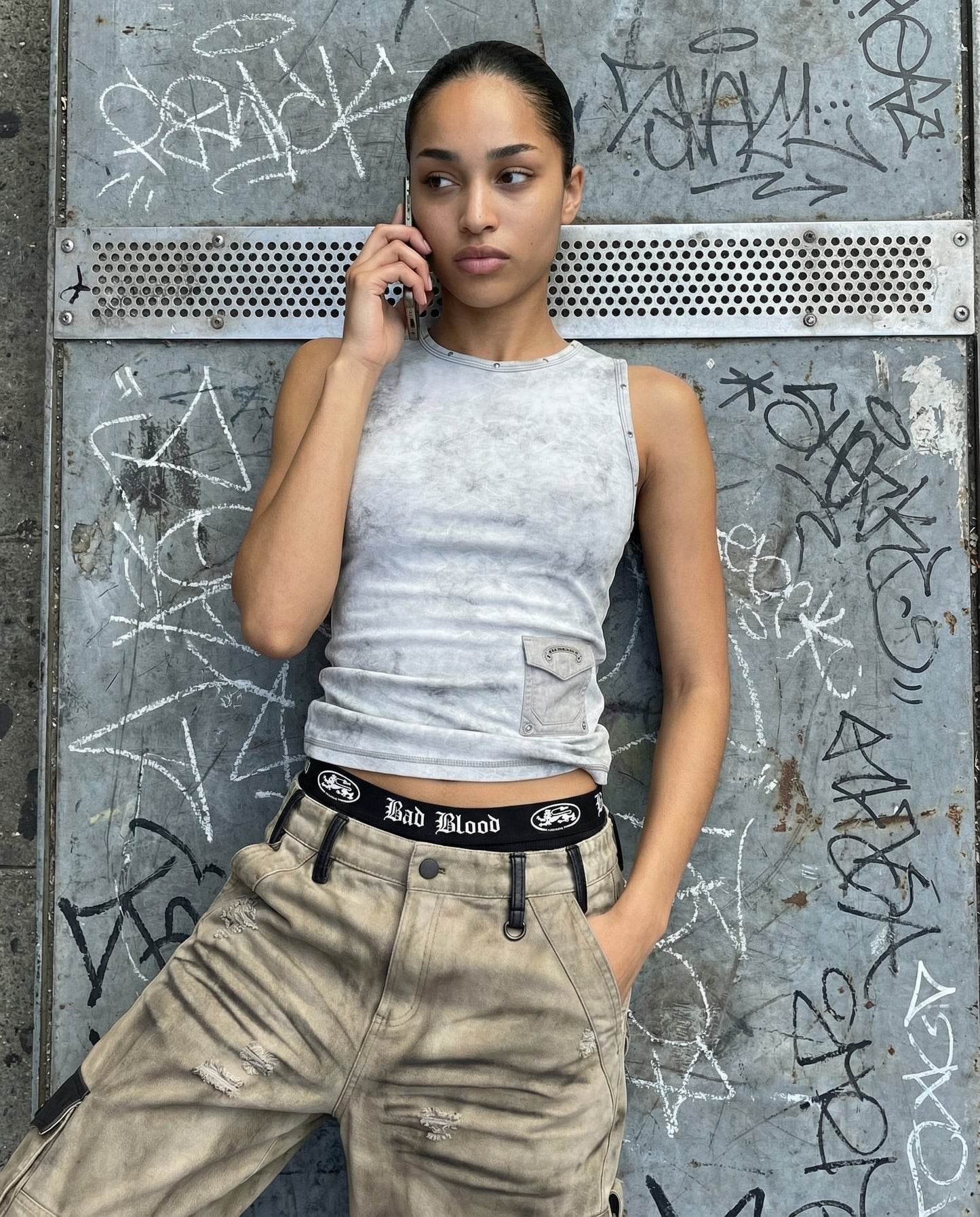 [w-pts25-113] Distressed Convertible Cargo Pants - Beige