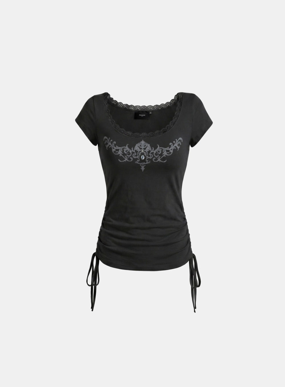 [w-tee26-239] Rhinestone Emblem Lace Deep Round 1/2 Sleeve T-shirt - Black