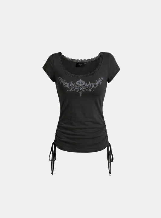 [w-tee26-239] Rhinestone Emblem Lace Deep Round 1/2 Sleeve T-shirt - Black
