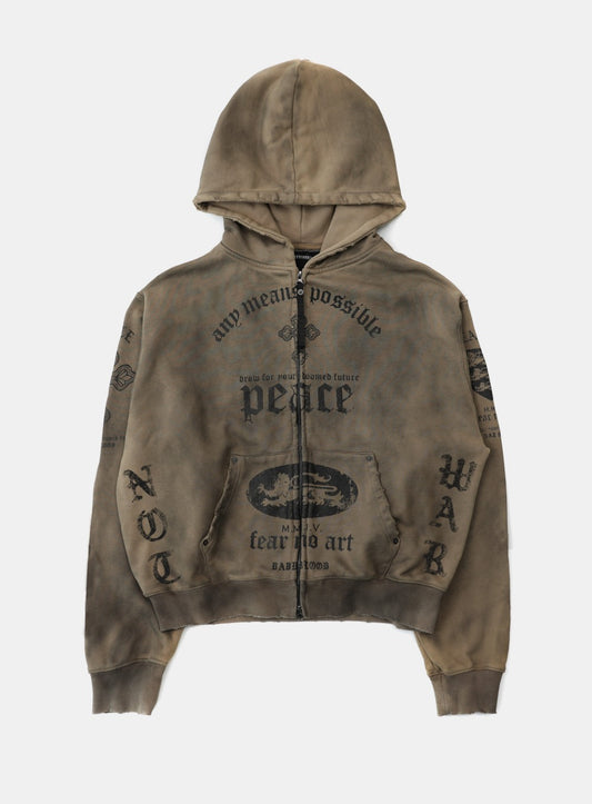 PEACE NOT WAR Hooded Zip-Up - Dusty Beige