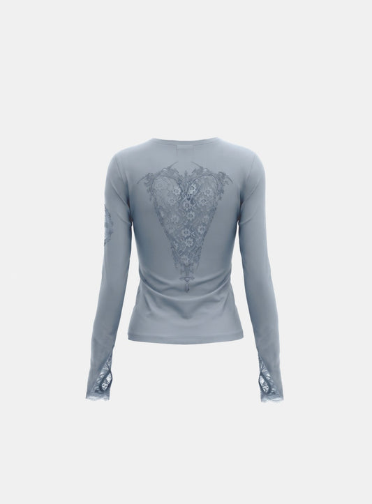 [w-tee26-293] H.B.B. Lace Back Point Crew Neck Long Sleeve - Blue