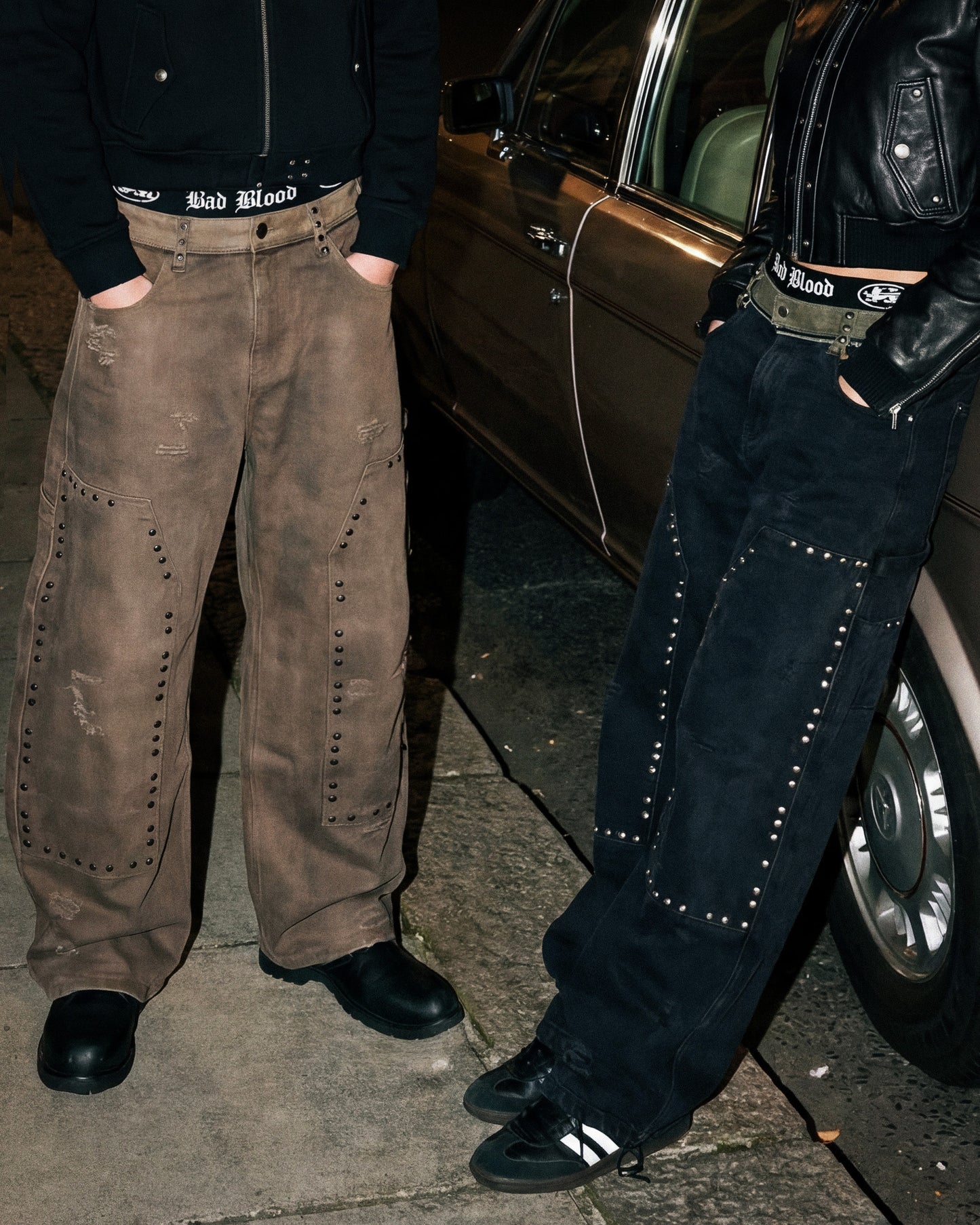 [w-pts25-083] Studded Carpenter Curved Pants - Black