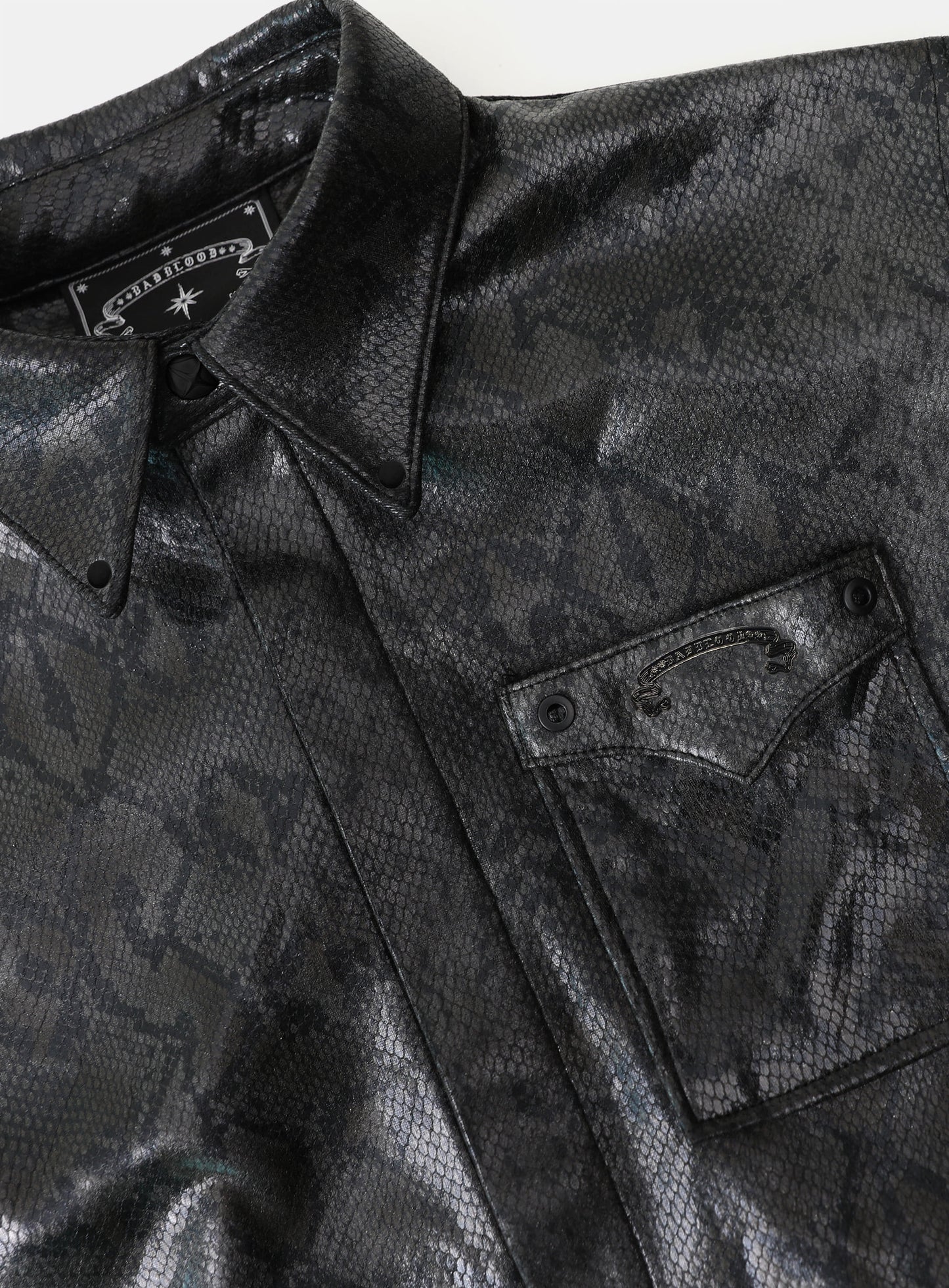 Viper Logo Leather Short Sleeve Shirt - Black Python