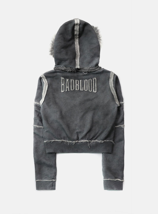 [w-hde25-079] Low Edge Detachable Fur Hooded Zip-Up Slim Fit - Washed Gray