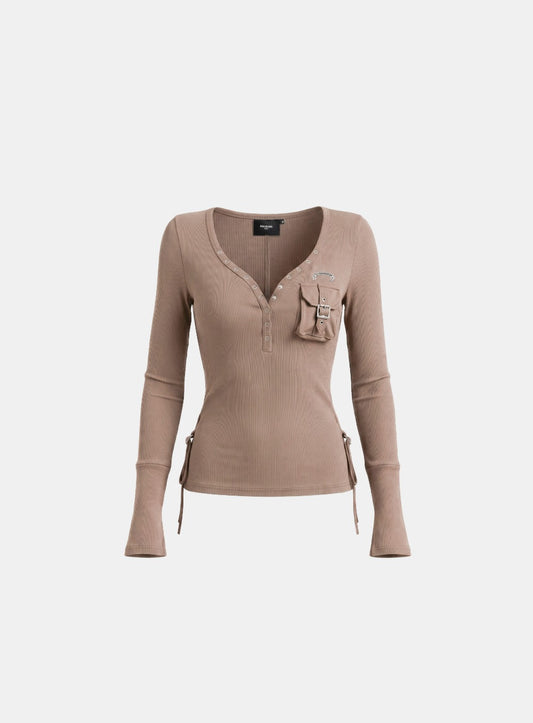 [w-tee26-256] Delta 2 Utility Cotton Rib Henley Neck Long Sleeve – Tan