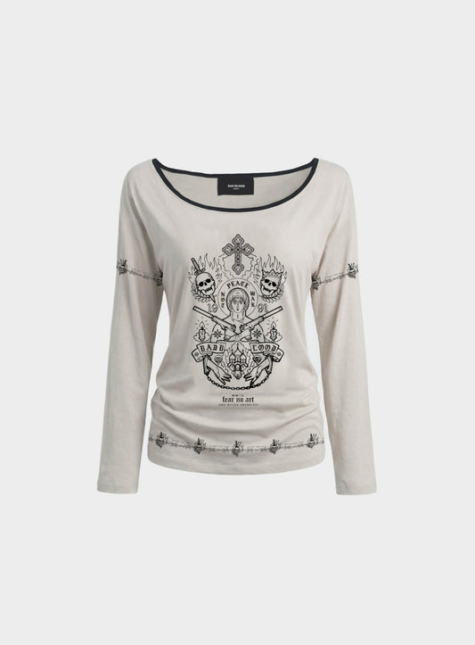 [w-tee26-151] Peace Not War 2 Loose-Fit Long Sleeve - White