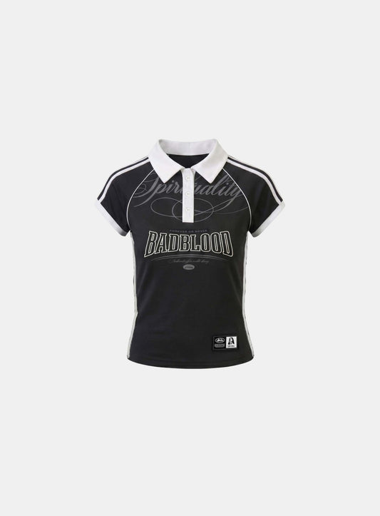 [w-tee26-159] 90s Vintage Club Jersey Polo T-Shirt - Black