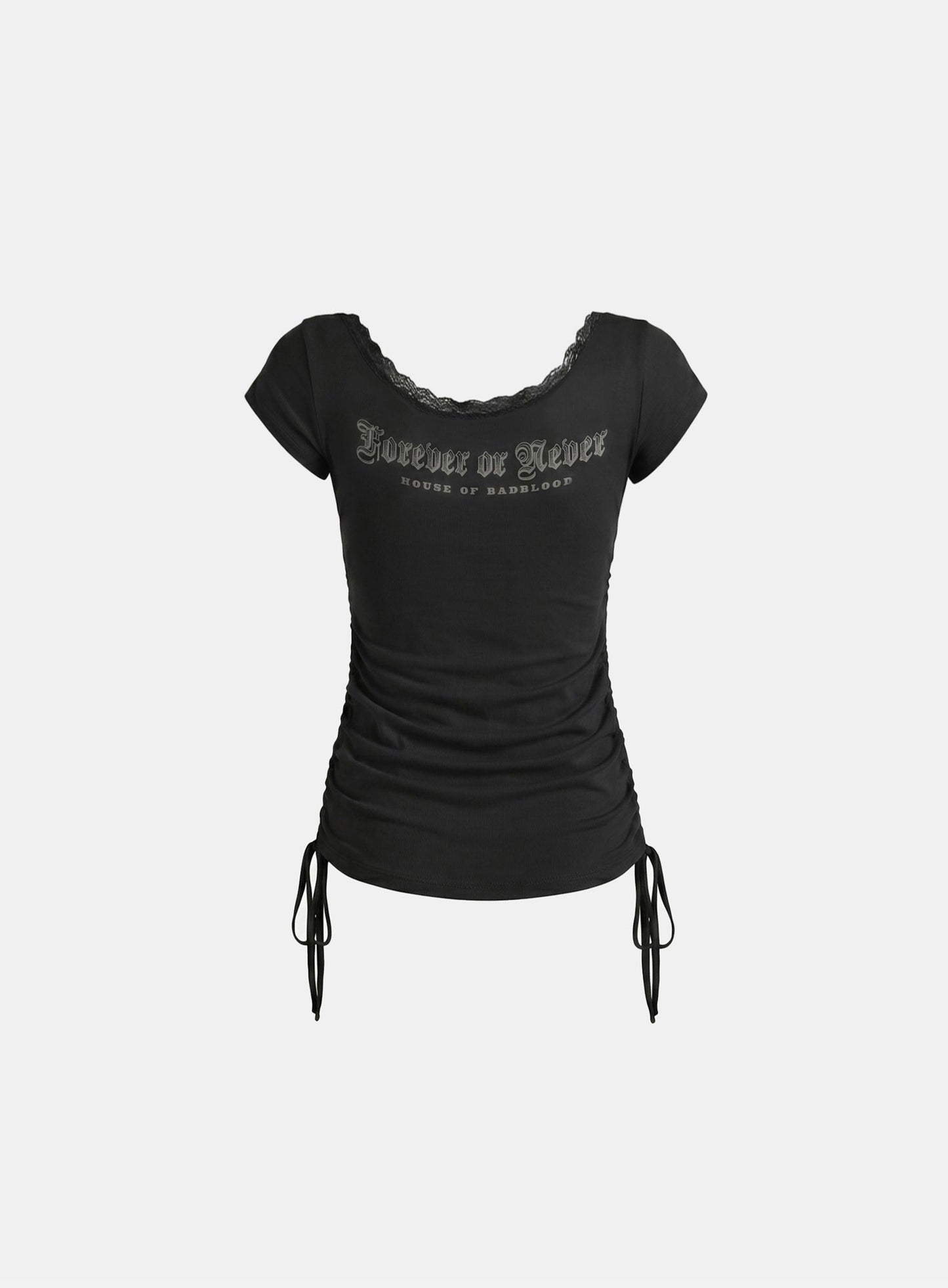 [w-tee26-239] Rhinestone Emblem Lace Deep Round 1/2 Sleeve T-shirt - Black