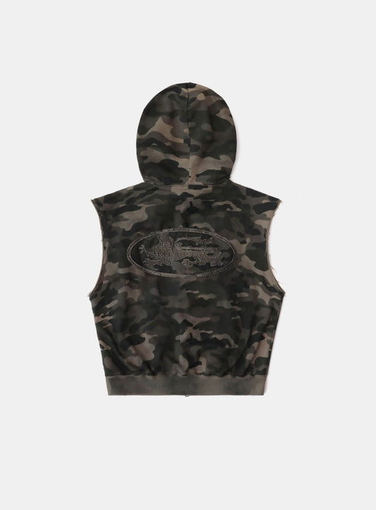 Curved Logo Sleeveless Hooded Zip-Up - Dusty Green Camo