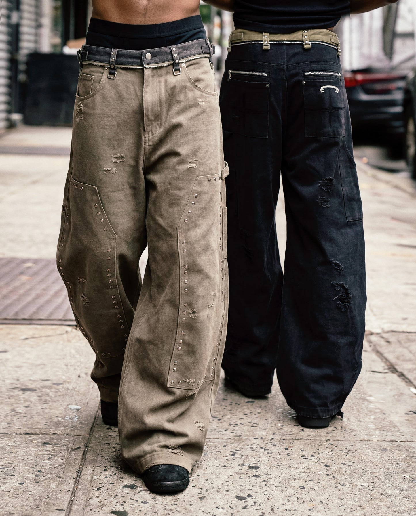 [w-pts25-081] Studded Carpenter Curved Pants - Beige