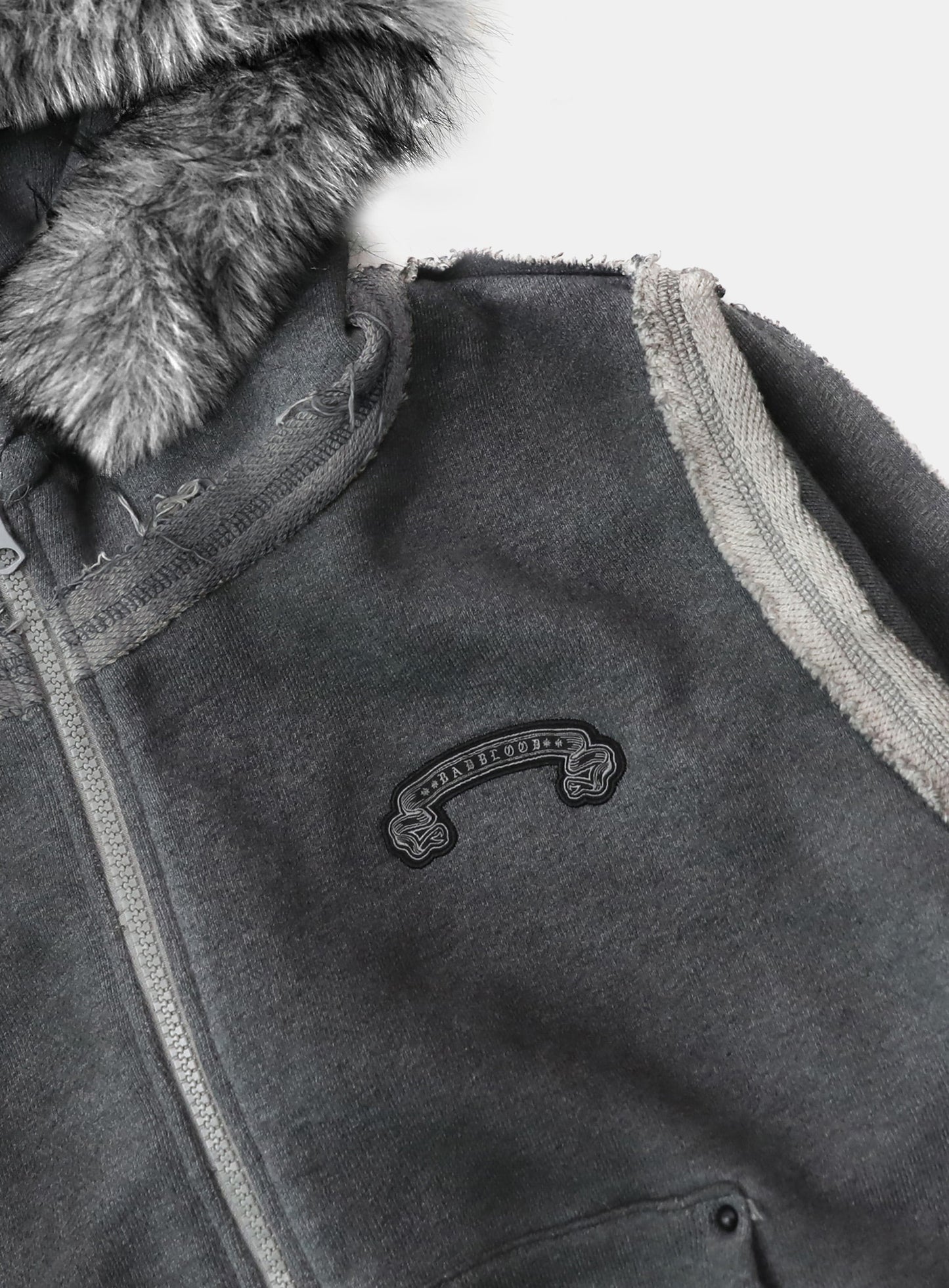 [w-hde25-079] Low Edge Detachable Fur Hooded Zip-Up Slim Fit - Washed Gray