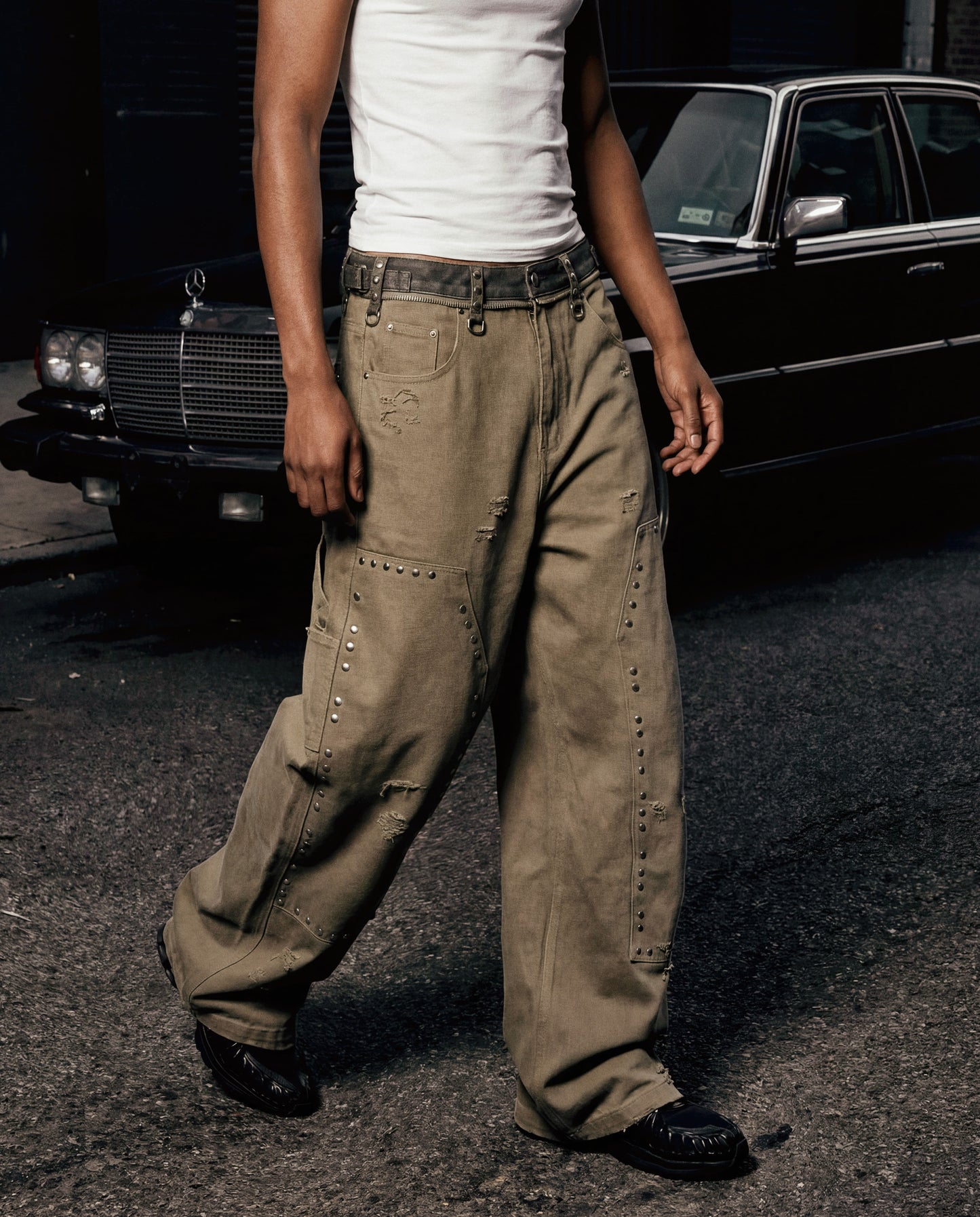 [w-pts25-081] Studded Carpenter Curved Pants - Beige