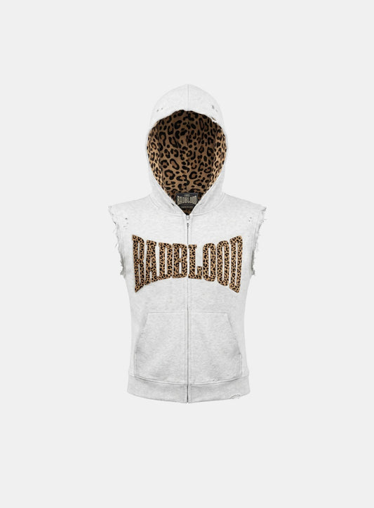 [w-hde26-039] Curved Logo Sleeveless Hood Zip-Up - Leopard Melange