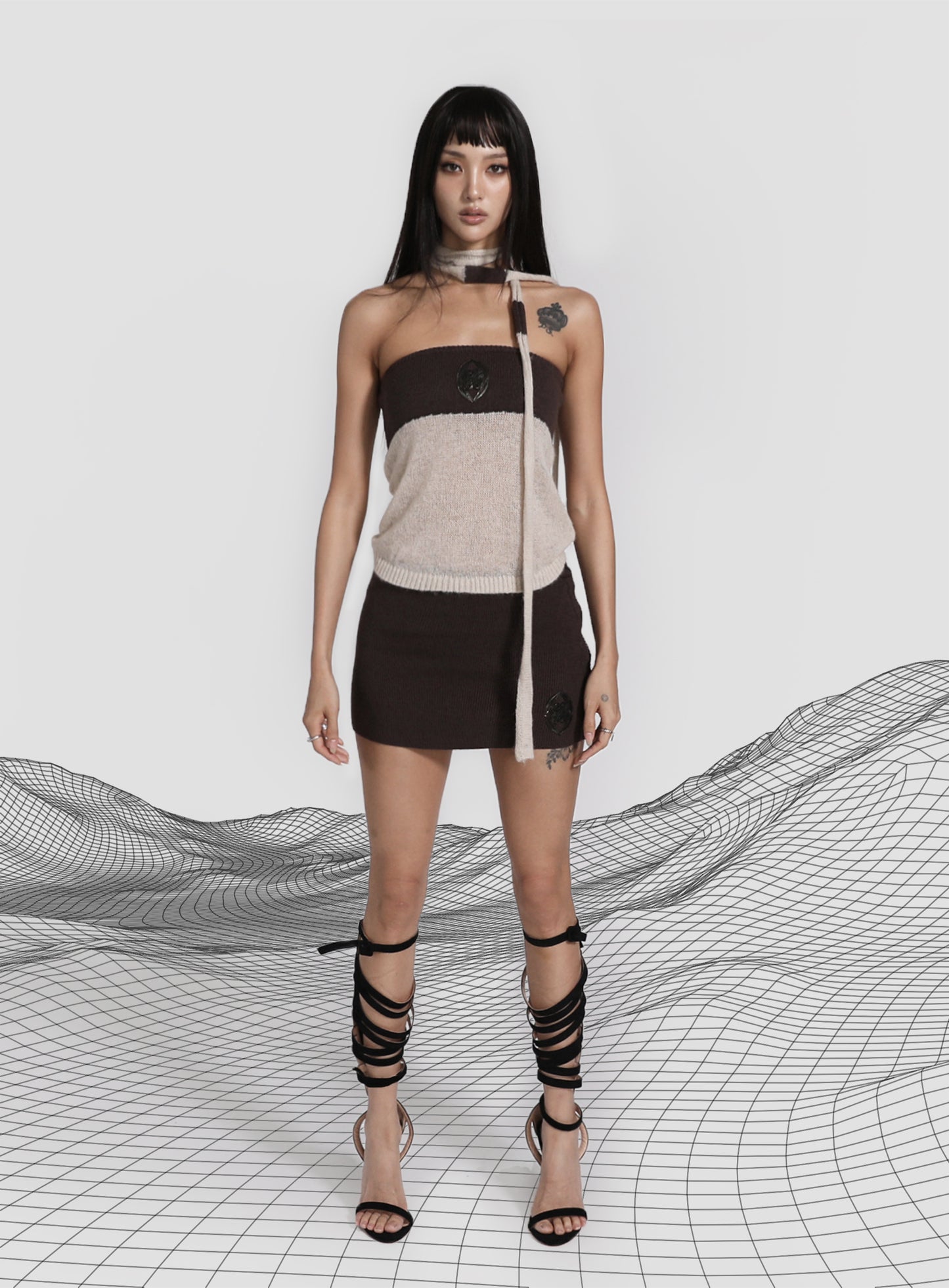 Kiddo Knit Tube Top & Scarf - Cream/Brown