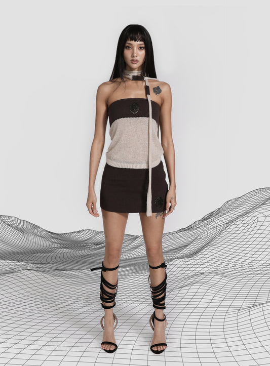 Kiddo Knit Tube Top & Scarf - Cream/Brown