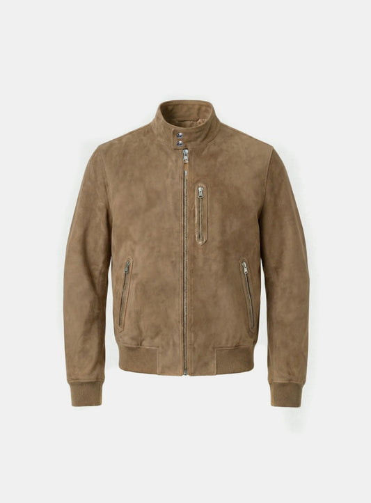 [w-jkt26-017] Arc Suede Contrast Bomber Jacket - Brown