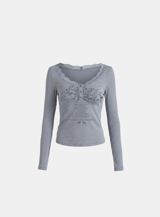 [w-tee26-166] DO YOU WANT IT Lace Henley Long Sleeve - Blue