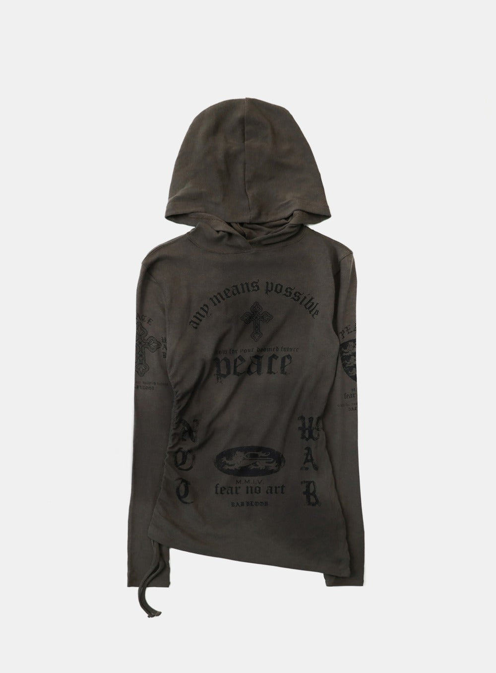 [w-hde25-088] PEACE NOT WAR Slim Cutout Hoodie - Charcoal