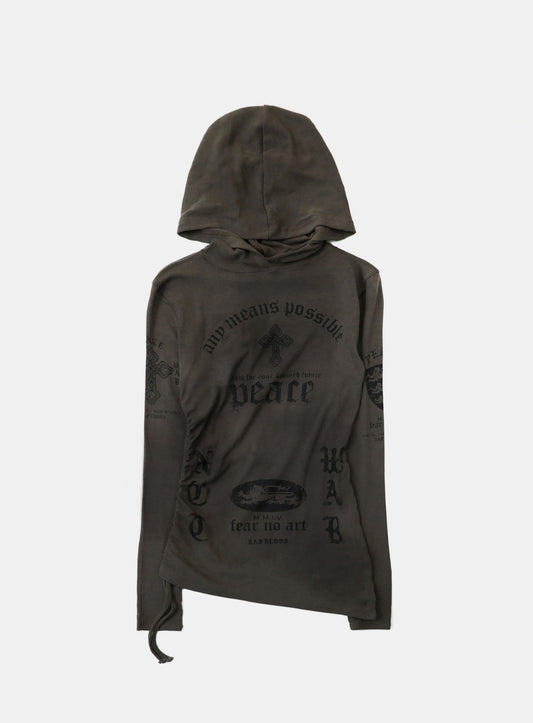 [w-hde25-088] PEACE NOT WAR Slim Cutout Hoodie - Charcoal