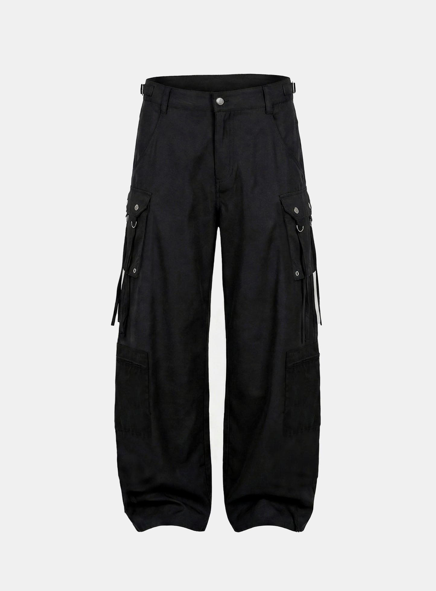 [w-pts26-065] Strap Semi-Curved Fit Cargo Pants - Black