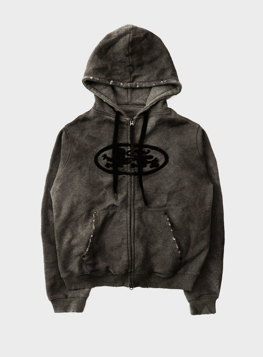 Lion Patch Hooded Zip-Up- Charcoal