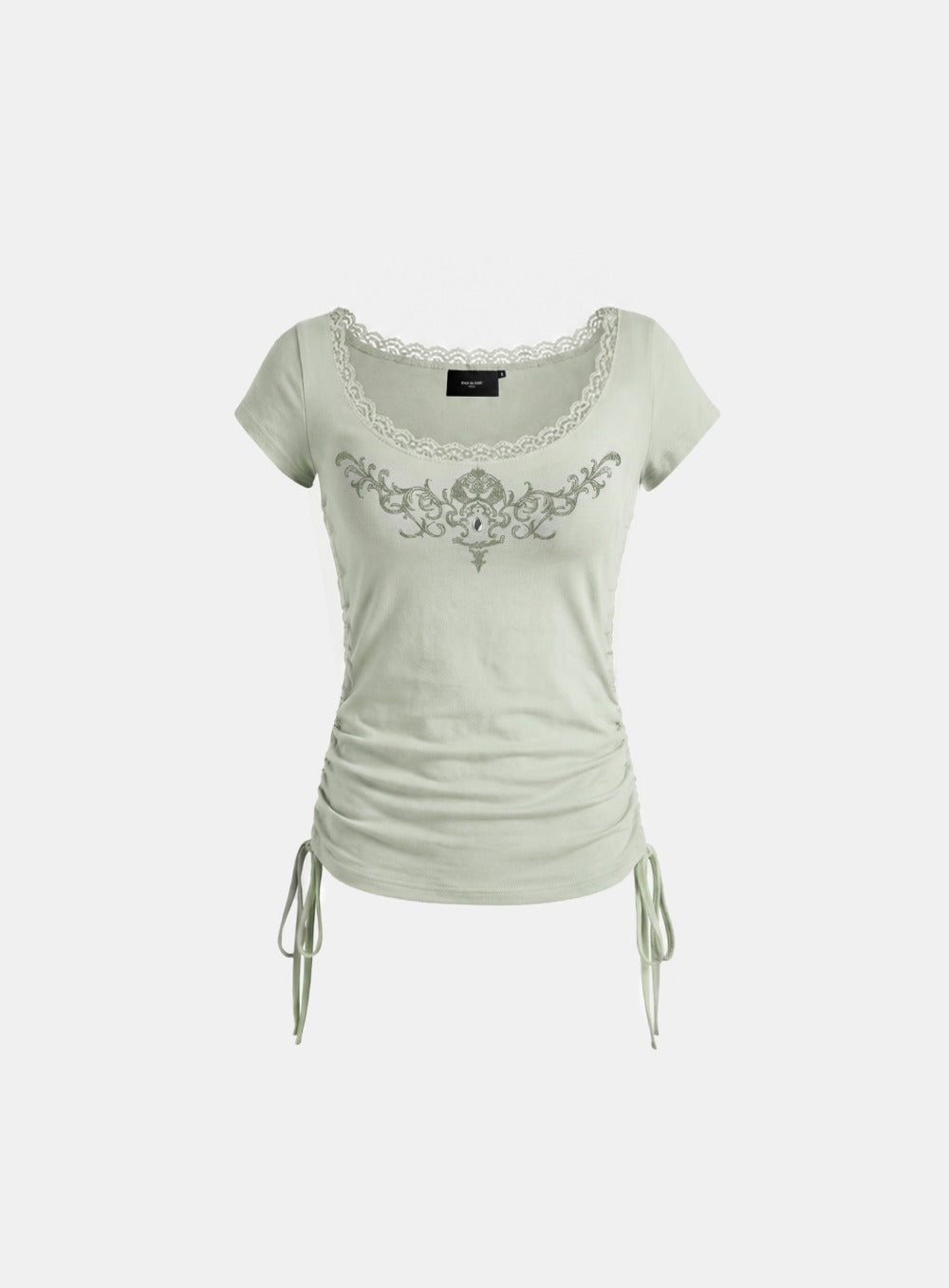 [w-tee26-237] Rhinestone Emblem Lace Deep Round 1/2 Sleeve T-shirt - Green