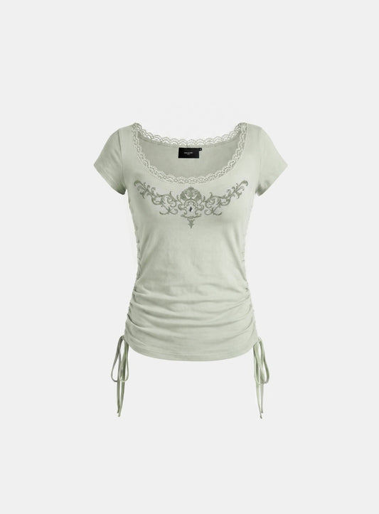 [w-tee26-237] Rhinestone Emblem Lace Deep Round 1/2 Sleeve T-shirt - Green