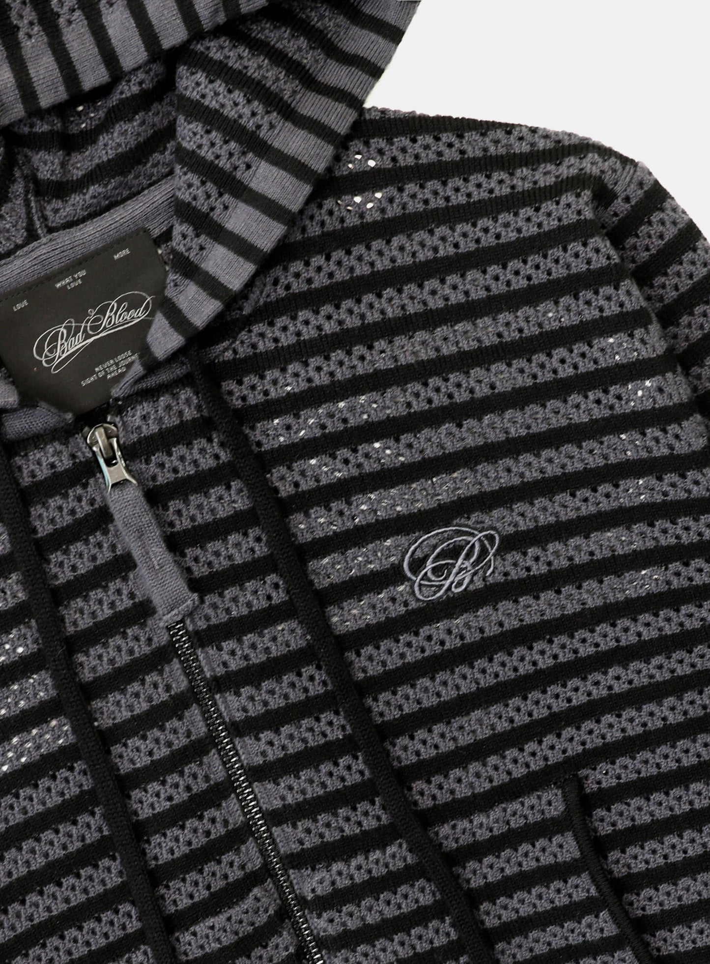 Striped Crochet Knit Hoodie - Charcoal/Black