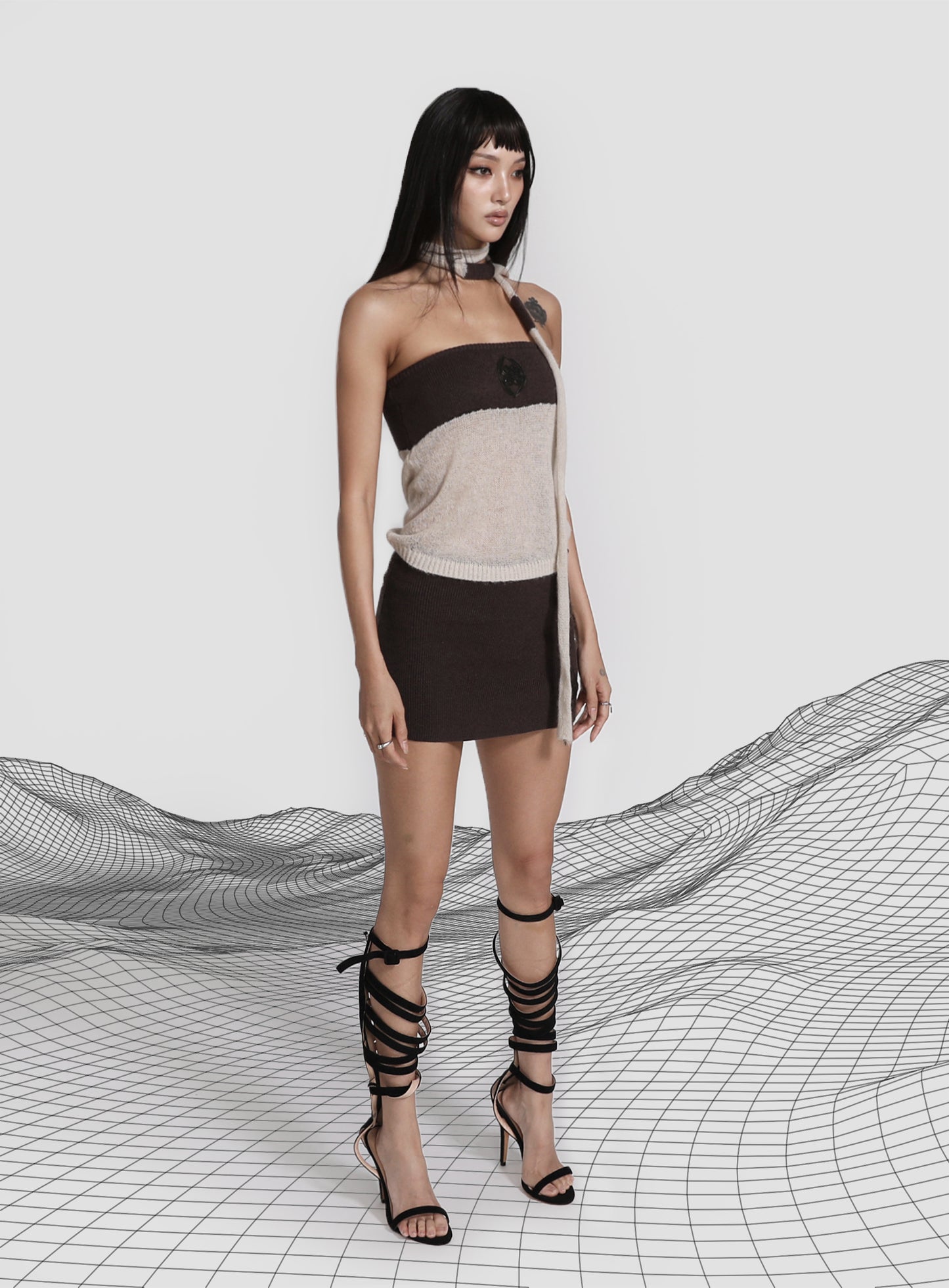 Kiddo Knit Tube Top & Scarf - Cream/Brown
